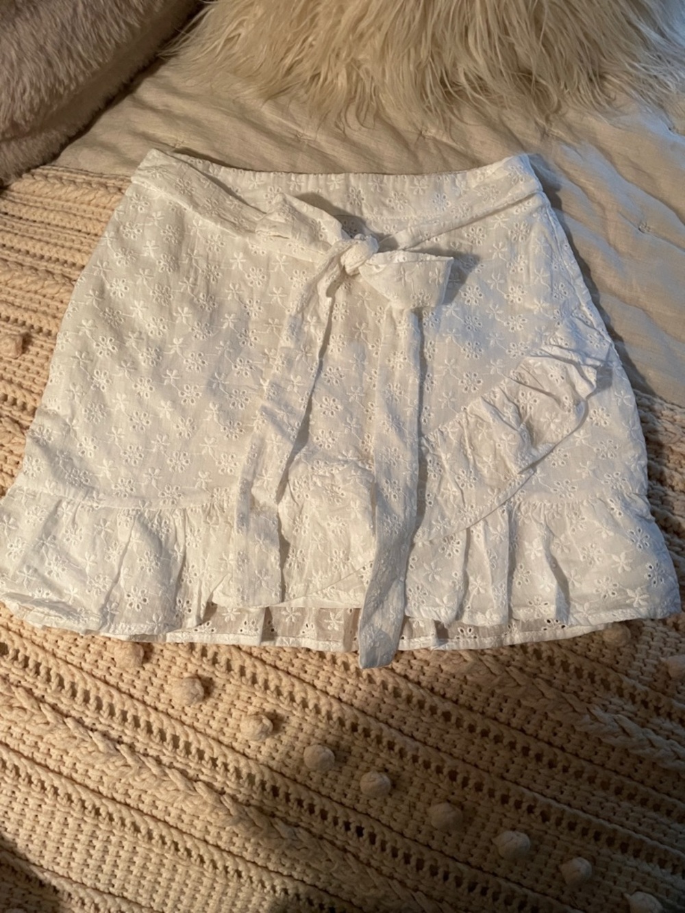 Zara White Eyelet Ruffle Wrap Skirt